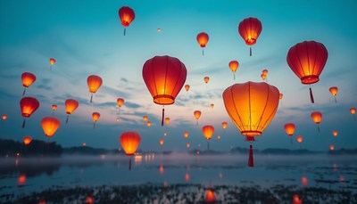 Many lanterns float in the sky over a lake at dusk