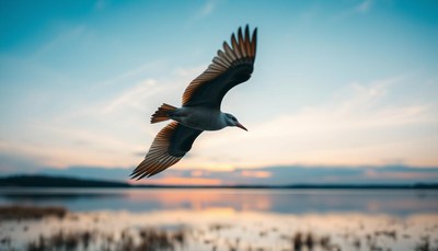 A bird flies over a lake at sunset
