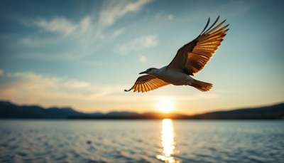 A seagull flies over the ocean at sunset