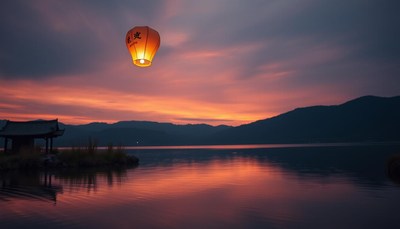 A lantern floats over a calm lake at sunset
