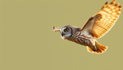 An owl in flight against a green background