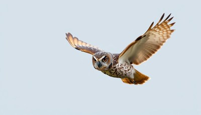 A spotted owl flies against a blue sky