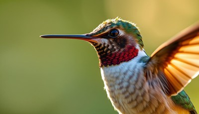 A hummingbird with a red throat hovers in the sunlight