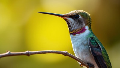 A hummingbird perches on a branch