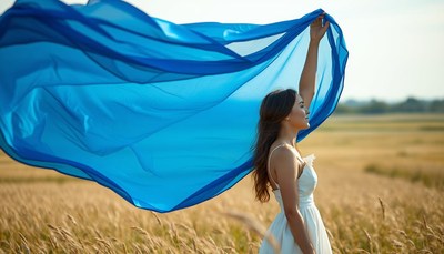 A woman throws a blue scarf in a field