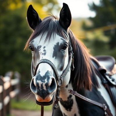 A black and white horse stands in a field