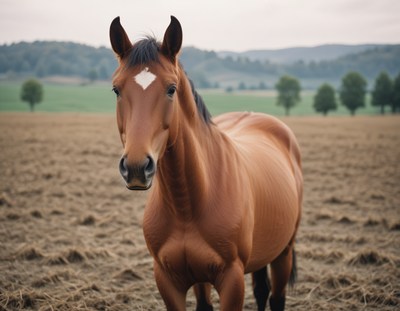 A brown horse with a white marking stands in a field