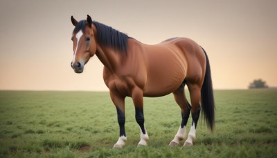 A brown horse stands in a grassy field