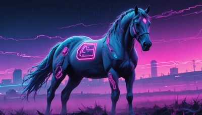 Neon-lit futuristic horse in a field