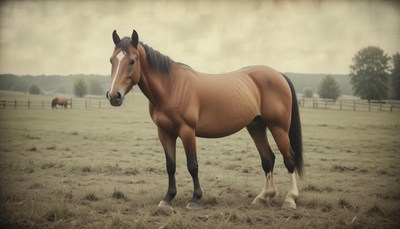 A brown horse stands in a field
