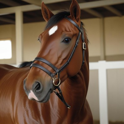 Brown horse with a white star in a stall
