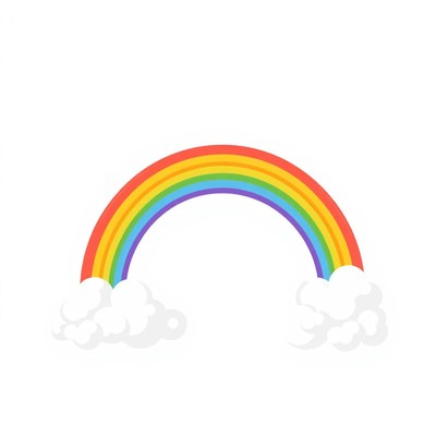 A colorful rainbow arches over fluffy clouds