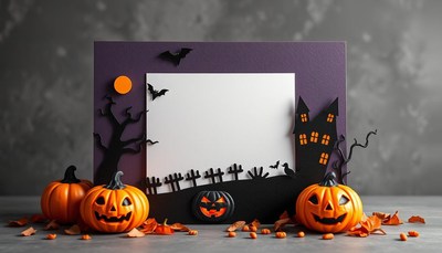 Pumpkins and bats decorate a halloween scene