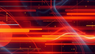 Red and white lights flow through a digital landscape