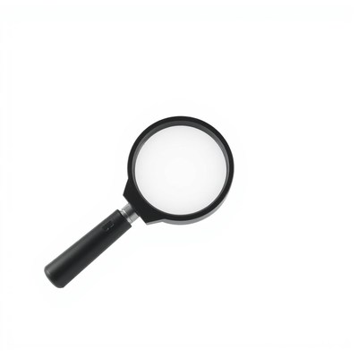 A black magnifying glass lies on a white background