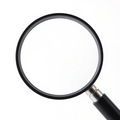 A black magnifying glass on a white background