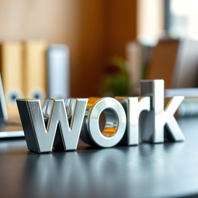 The word work is spelled out in metallic letters on a desk