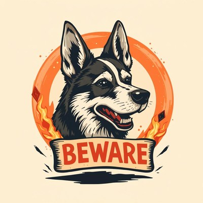 A black and white dog in a beware sign