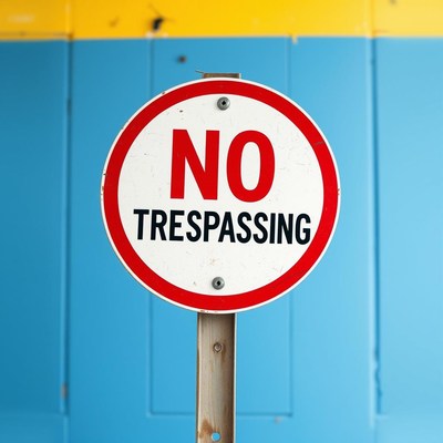 A no trespassing sign against a blue wall