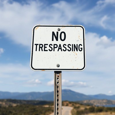 A no trespassing sign stands on a rural road