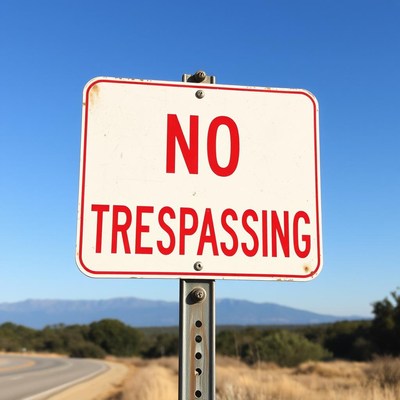 A no trespassing sign stands beside a road