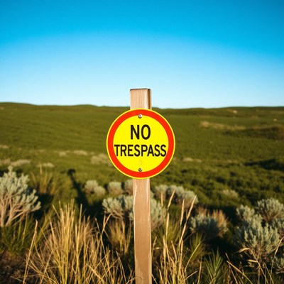 A no trespassing sign stands in a grassy field