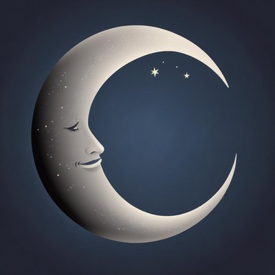 A crescent moon with a face smiles in the night sky