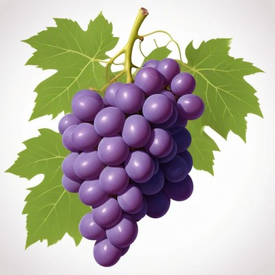 A bunch of purple grapes with green leaves
