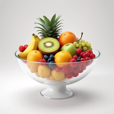 A clear glass bowl filled with fruit
