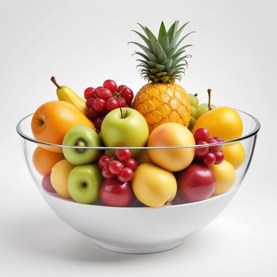 A bowl of fruit, including pineapple, apples, and grapes