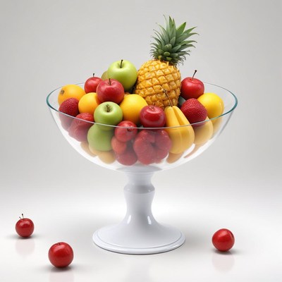 A bowl of fruit sits on a white pedestal