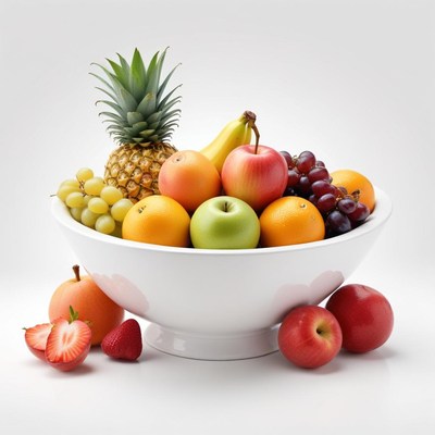 A bowl of fruit sits on a white surface