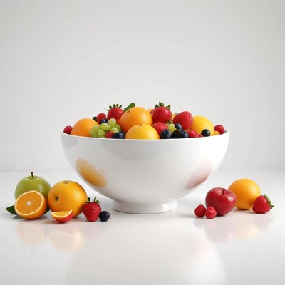 A white bowl full of fruit sits on a white table
