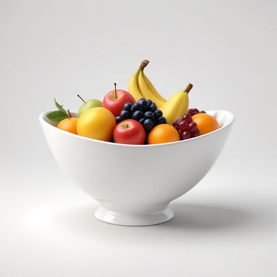 A white bowl of fruit on a white background