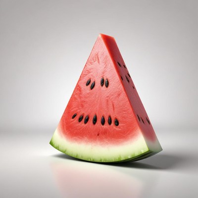 A slice of watermelon sits on a white surface