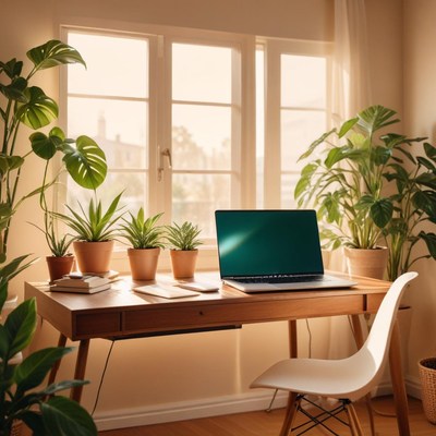 A desk by a window with a laptop and plants