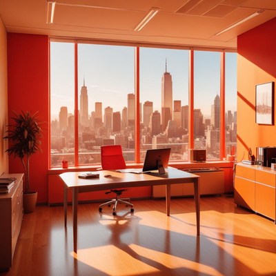 A modern office with a view of the city skyline