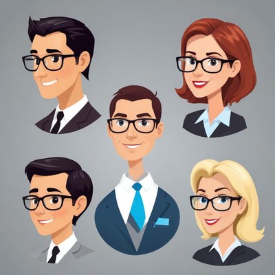 Five smiling people in suits and glasses