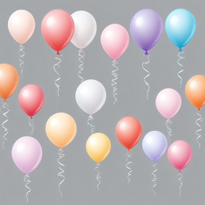 Colorful balloons float against a gray background