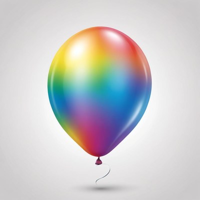 A rainbow balloon floats against a white background