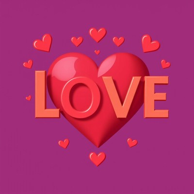A red heart with the word love surrounded by hearts