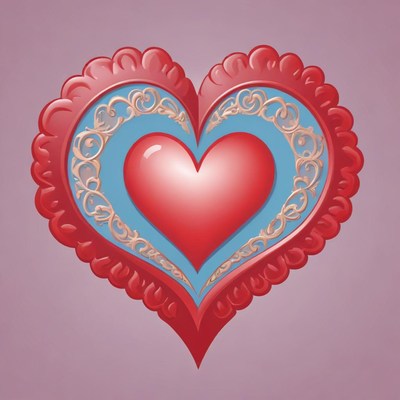 A red heart with blue trim and ornate details