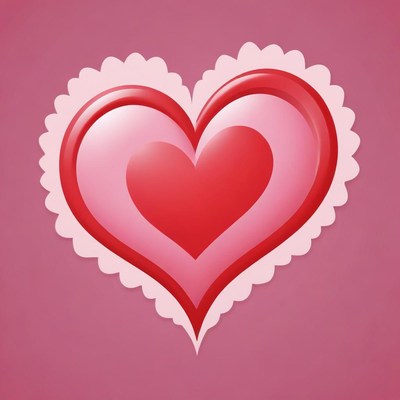 A red heart with a white border on a pink background