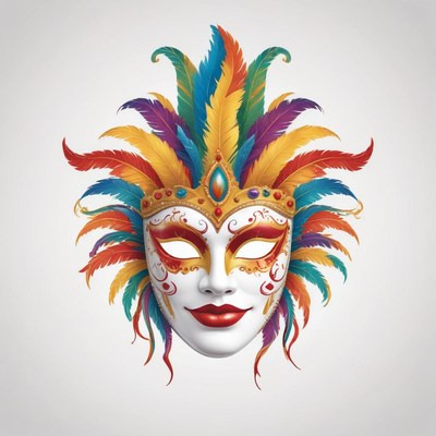 A colorful, feathered mask with jewels