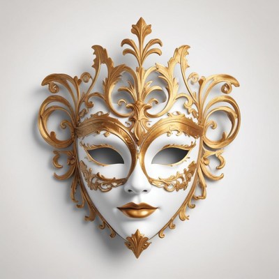 A white and gold masquerade mask on a plain background