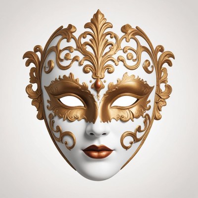 A white and gold masquerade mask with intricate details