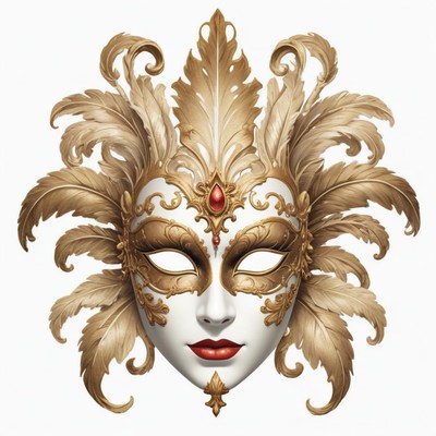 A detailed, ornate gold mask with feathers