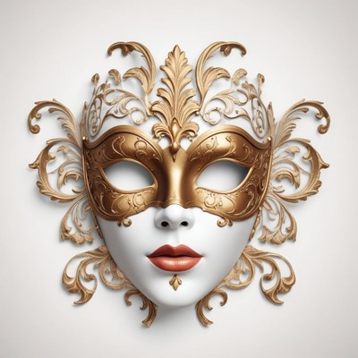 A gold and white masquerade mask with ornate details