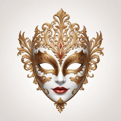 A golden and white masquerade mask with intricate details