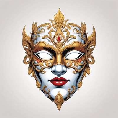 A gold and white masquerade mask with intricate detailing